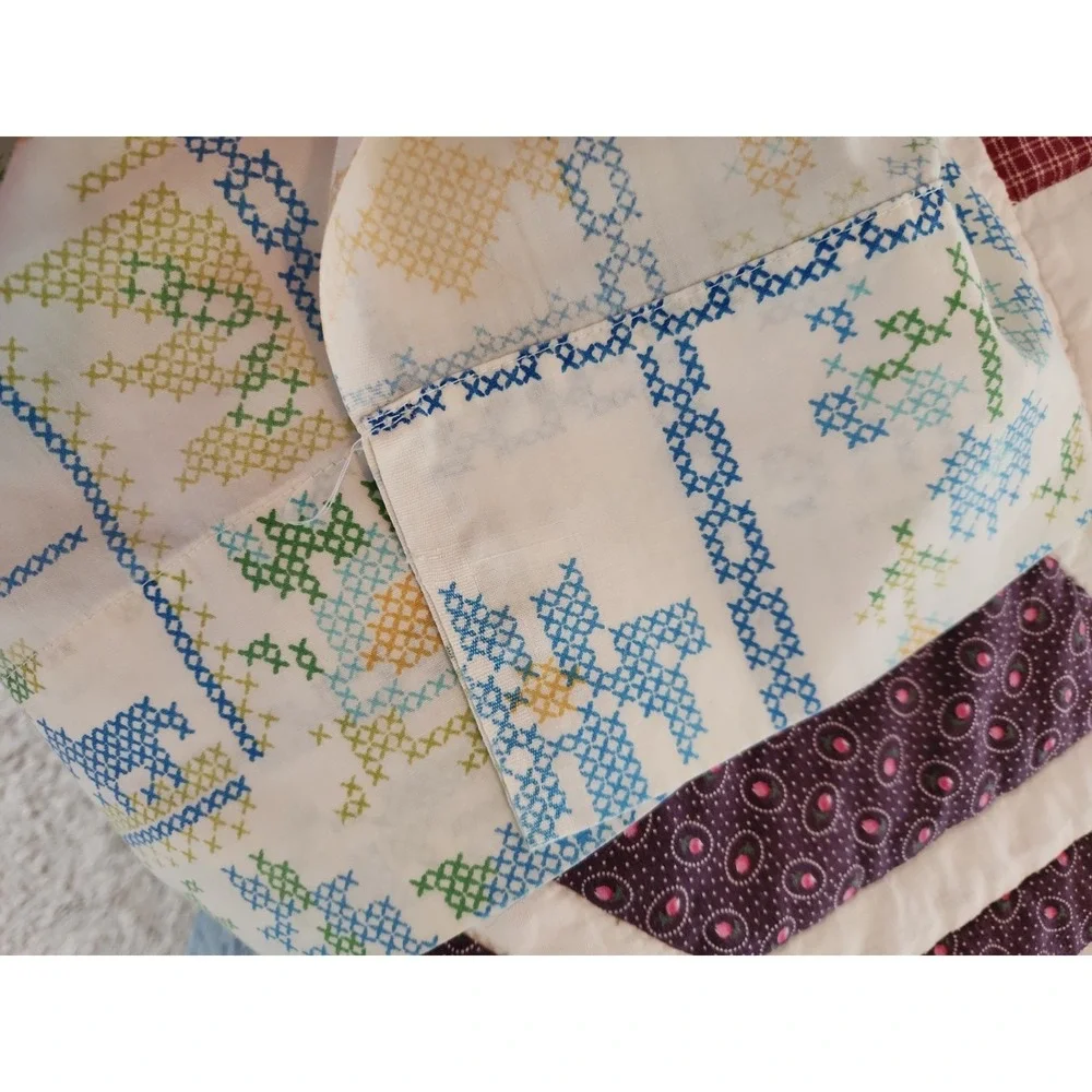 Vtg 70's Perma-Prest Full Flat Sheet Faux Cross Stitch Cottagecore Country